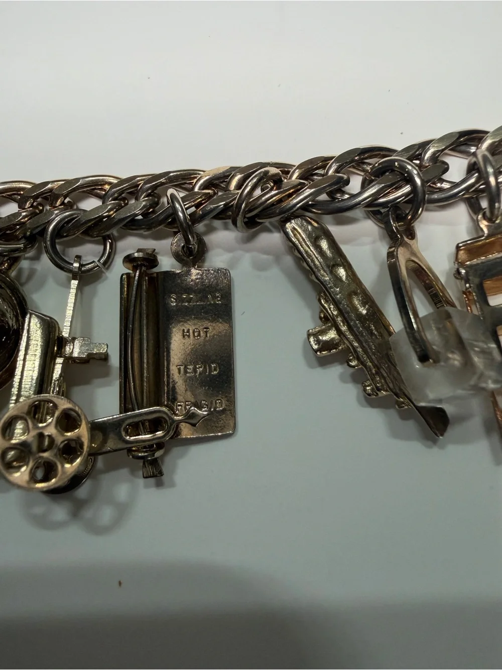 Vintage 1950s Gold Tone Charm Bracelet Keys Diary Globe Mid Century Estate